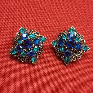 Vintage Silver Tone With Blue And Green Rhinestone  Clip Earrings
